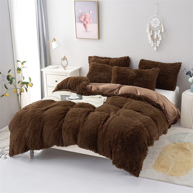 MorroMorn 5 PCS Shaggy Duvet Cover Bedding Set - Fluffy Comforter Cover Long Faux Fur Luxury Ultra Soft Cozy (Brown, King/California King) - Image 3